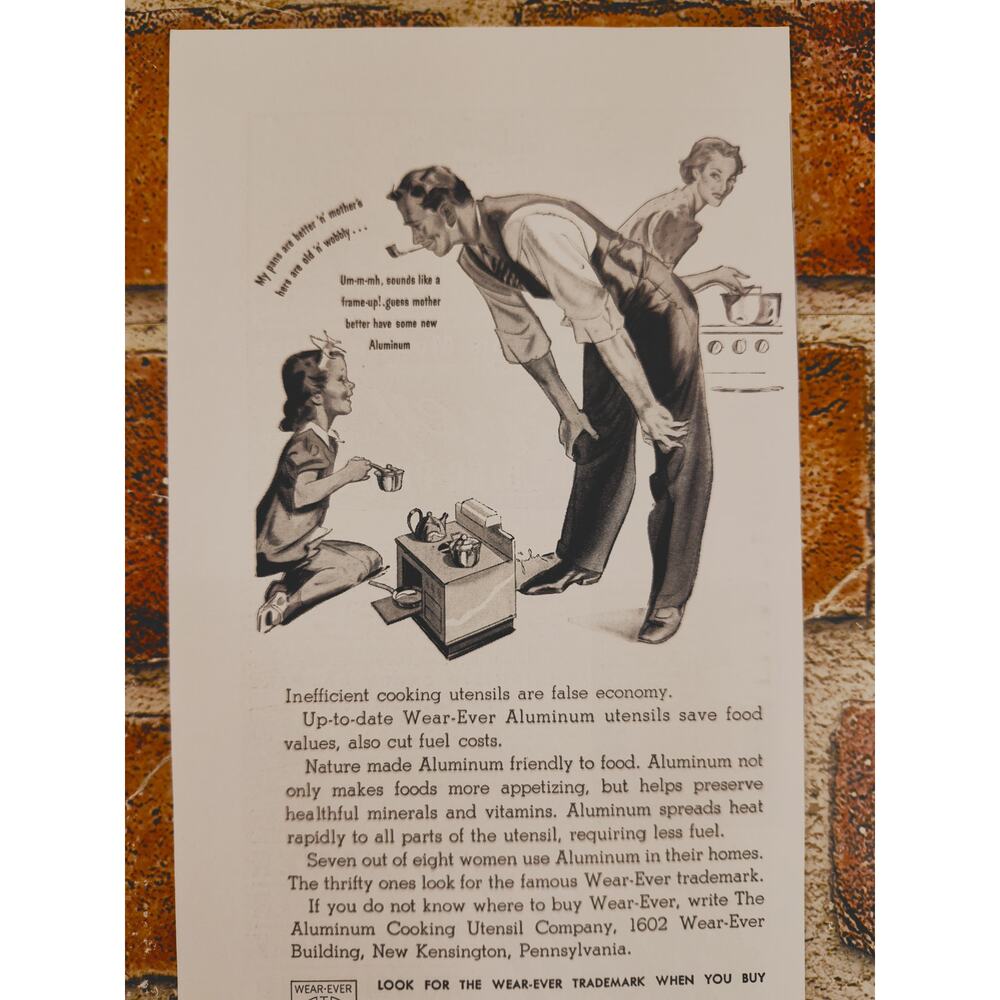 1940 Wear-Ever Aluminum Dad Daughter Playing Kitchen Mom Watching Vtg Print Ad